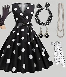 economico -Abito Rockabilly A-Line per Donne con Pois Abito Swing Abito Flare con Set di Accessori Abiti Grease anni '50 Retro Vintage anni '60 con Fascia per Capelli Sciarpa in Chiffon Orecchini Collana di