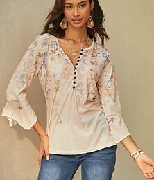economico -T-Shirt da donna Basic con stampa floreale e bottoni maniche a 3/4 maglie regolari girocollo vacanze gialla blu