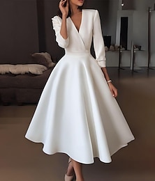 ieftine -rochii de mireasă simple rochie albă, în formă de linie, cu decolteu în V, cu jumătate de mânecă, lungime ceai, rochii de mireasă din satin cu drapaj 2024