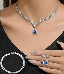 economico -Set di Gioielli 3 Cromo Orecchini Collana Per donna Moda Rotondo Parure di gioielli Per Matrimonio