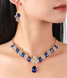 abordables -Elegante conjunto de collar y aretes colgantes de cristal azul para mujer: diseño floral adornado con diamantes de imitación, perfecto para bodas, eventos formales y ocasiones especiales.