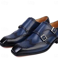 preiswerte -Marineblaue Monkstrap-Abendschuhe für Herren – Kunstleder mit Brogue-Details, Doppelschnallen-Design, formelles Business- und Hochzeitsschuhwerk