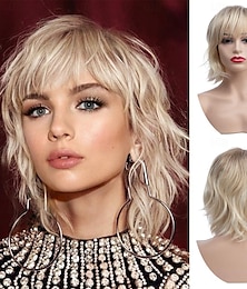 ieftine -perucă blondă scurtă pentru femei perucă blondă scurtă cenușă bob ondulată cu breton păr sintetic perucă cosplay pentru femei fete 9 inch