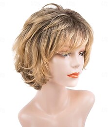 abordables -Perruque de dentelle bouclée femmes perruques frisées courtes avec frange jaune brun mixte blonde coupe de lutin perruque pour femmes perruques droites en fibres synthétiques perruque ondulée