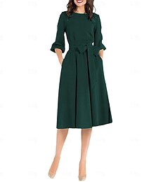 cheap -Women's Pleated Patchwork Vintage Dress Midi Dress Elegant Plain Crewneck 3/4 Length Sleeve Daily Date Brown Green