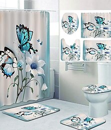 cheap -Butterfly Bathroom Deco 4 Pcs Shower Curtain Set Bathroom Sets Modern Home Bathroom Decor with Bath Mat U Shape and Toilet Lid Cover Mat and 12 Hooks