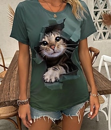 voordelige -Dames T-shirt dier Dagelijks Weekend Afdrukken Groen Korte mouw Modieus Ronde hals 3D cat Zomer