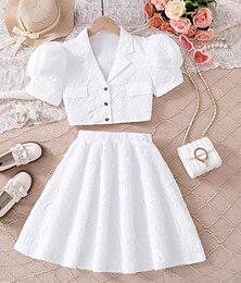 cheap -2 Pieces Kids Girls' Solid Color Ruched Dress Suits Set Short Sleeve Fashion School 7-13 Years Summer White