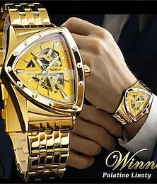 cheap -WINNER Triangle Skeleton Automatic Watch Stainless Steel Men Business Casual Irregular Triangle Mechanical Wristwatch Golden Punk Style Male Clock