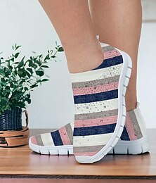 cheap -Women's Sneakers Slip-Ons Print Shoes Flyknit Shoes Outdoor Daily Striped Contrast Color Rhinestone Flat Heel Sporty Casual Comfort Walking Knit Tissage Volant Loafer Pink Blue Purple