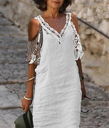 levne -Dámské Bílá Vodní modrá Trávová zelená Léto Jaro Midi šaty Šaty inspirované plátnem Bílé šaty Krajkové šaty Na běžné nošení Dovolená Denní Volný Bez vzoru Do V