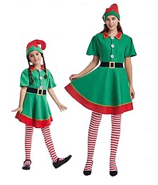 ieftine -Elf Costume Moș Pentru femei Fete Costum Cosplay Crăciun Crăciun Ajunul Craciunului Pentru copii Adulți Petrecere Crăciun Poliester Rochie Centură Șosete Pălărie