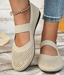 preiswerte -Beigefarbene Mary-Jane-Ballerinas aus Strick für Damen mit atmungsaktivem Mesh-Obermaterial und elastischem Riemen, leichte Freizeitschuhe zum Spazierengehen, fürs Büro und den Alltag