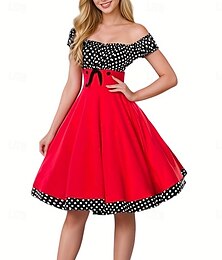 billige -Dame Trykt mønster Vintage kjole Midikjole Prikker Skulderfri Uden ærmer Fest Stævnemøde Sort Rød
