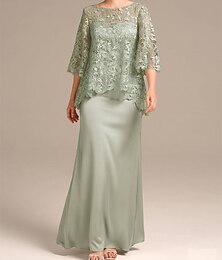 abordables -Robe mère de la mariée colonne, robe d'invité de mariage élégante, col bijou, longueur au sol, dentelle en satin, demi-manches avec broderie, 2024