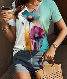 abordables -Femme T shirt Tee Imprimer du quotidien Rétro Vintage Mode Manche Courte Col V Bleu Eté