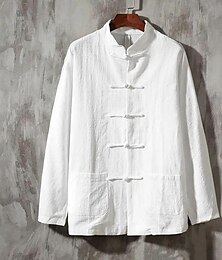 cheap -Men's Shirt Linen Shirt Casual Shirt Cotton Shirt Black White Navy Blue Long Sleeve Plain Band Collar Spring &  Fall Hawaiian Holiday Clothing Apparel Button-Down