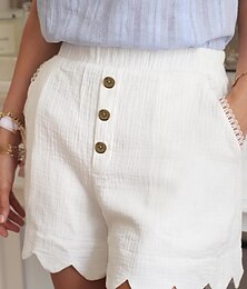 cheap -Women's 100% Cotton Plain Button Pocket Elastic Waist Short Pants Summer Spring
