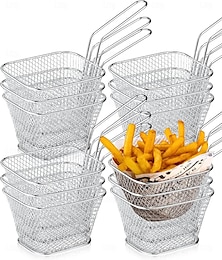お買い得  -12ピースミニスクエアフライバスケットスチールフレンチフライチップバスケットフードバスケットサービング用ステンレススチールフライバスケットハンドル付き再利用可能なフライホルダーミニディープフライヤーバスケット付きホームデコレーション用