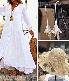 cheap -Women's White Dress with Flower Crochet Straw Hat Floral Earrings 4 PCS Shirt Dress Casual Dress Maxi long Dress Ruffle Button Basic Daily V Neck 3/4 Length Sleeve Summer Spring Vacation Beach Dress