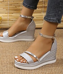 economico -sandali da donna con zeppa glitterata argento e cinturino alla caviglia – eleganti tacchi a spillo per l'estate, il casual e la sera