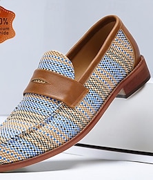 cheap -Men's Woven Leather Penny Loafers in Blue Houndstooth