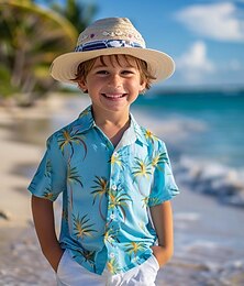 cheap -Boys 3D Graphic Leaf Tree Shirts Blue Short Sleeve 3D Print Summer Vacation Tropical Daily Polyester Kids 3-12 Years Lapel Outdoor Casual Daily Tailored Fit
