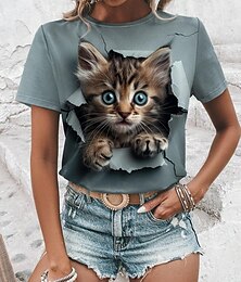 billige -Dame T-shirt Dyr Daglig Weekend Trykt mønster Blå Kortærmet Mode Rund hals 3D cat Sommer
