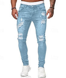 billige -Herre Jeans Mager Bukser Hullete jeans Denimbukser Lomme dratt Helfarge Komfort Full lengde Daglig Sport Denimstoff Gatemote Stilfull Lyseblå Mikroelastisk