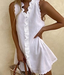 baratos -Mulheres Vestido branco Vestido de linho Vestidos Para o Verão Minivestido Algodão Frufru Casual Diário Férias Decote V Sem Manga Verão Primavera Branco Tecido