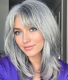 cheap -Silver Ash Brown Grey Wigs for White Women Medium Length Layered Silver Gray Wavy Wig with Bangs Natural Looking Heat Synthetic Side Part Gray Wigs for Daily Party Use Salt and Pepper Wigs for Women