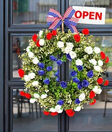 abordables -Corona patriótica para puerta de entrada, decoración del 4 de julio, Día de la Independencia, en rojo, blanco y azul, anillo de vid floral artificial con elementos de la bandera estadounidense,