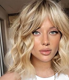 abordables -perruques blondes courtes pour femmes, perruque de cheveux bouclés ondulés synthétiques avec frange pour tous les jours 12 pouces auburn bordeaux blonde noire perruques blondes claires
