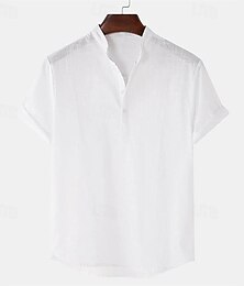 preiswerte -Herren Hemd leinenhemd Popover-Shirt Lässiges Hemd Baumwoll-Shirt Schwarz Weiß Marineblau Kurzarm Glatt Stehkragen Sommer Strasse Hawaiianisch Bekleidung