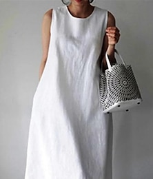 economico -Per donna Bianco Vino Blu marino Estate Primavera Abito Midi Abito Bianco Abiti in cotone e lino Vestito Estivo Casual Vacanza Quotidiano Vestibilità comoda Semplice Girocollo