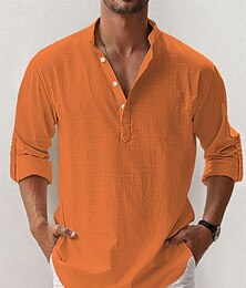 economico -Per uomo camicia di lino Camicia con colletto a fascia Camicia popover Camicia estiva Abbigliamento mare Maglietta informale Liscio Hawaiano Per eventi Nero Bianco Rosa Blu Manica lunga Henley