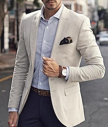 economico -Giacca Sportiva in Lino da Uomo Moda Casual Estate Monocromatica Beige Vestibilità Su Misura Doppiopetto a Un Bottone