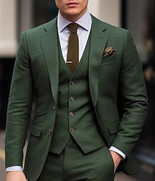 levne -zelené pánské svatební tvídové obleky jednobarevné 3dílné retro vintage plus velikost jednořadé dvouknoflíčky 2024