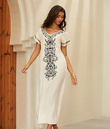 olcso -Női Hímzett Vintage ruha Hosszú ruha Maxi ruha Virágos V-alakú Rövid ujjú Nyár Tavasz Fehér