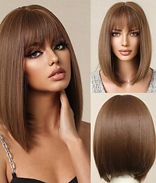 billige -svart mørkebrun blond kastanjebrun bob brun parykk med smell naturlige korte rette parykker for kvinner skulderlengde syntetiske parykker for daglig cosplay