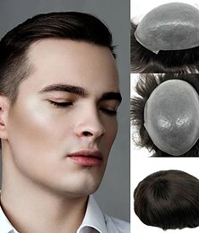economico -parrucchino da uomo 100% capelli umani base pelle sottile pu parrucchino capelli umani per uomo 8x10 pollici capelli umani marrone scuro