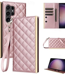رخيصةأون -هاتف غطاء من أجل سامسونج جالاكسي S24 S23 S22 S21 S20 Ultra Plus FE S10 S9 Plus اس 25 الترا حافظة بطاقة المحفظة مع الحبل مع رباط المعصم مسند الدراجة نموذج هندسي TPU جلد PU