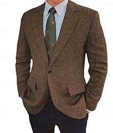 economico -giacca da uomo in tweed a spina di pesce retrò vintage invernale regular taglie forti monopetto due bottoni marrone nero blu