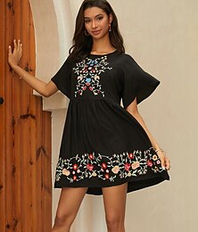cheap -Women's Embroidered Black Dress Mini Dress Floral Crew Neck Short Sleeve Summer Spring Black