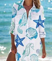 Недорогие -женская пляжная накидка с длинным рукавом, v-образным вырезом, морским принтом, застежкой на пуговицы, рукавом-подворотом, белого и синего цвета, один размер, одежда для отдыха, летняя одежда с