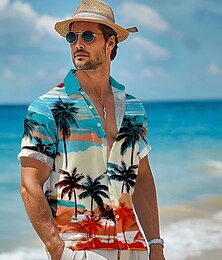 economico -Per uomo camicia di lino Camicia da spiaggia Camicia hawaiana Albero di cocco Prestazioni Da mare Blu marino Azzurro cielo Manica corta Collo ripiegabile Estate Primavera Abbigliamento