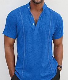 billige -Herre Skjorte linned skjorte Guayabera skjorte Popover skjorte Sommer skjorte Strandtrøje Hvid Navyblå Blå Kortærmet Vanlig Krave Sommer Afslappet Daglig Tøj