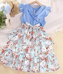 levne -šaty děti dívky 7-12 let dívčí modré pletené květinové šaty s výstřihem do V malé létající rukávové šaty na dovolenou děti princeznovské šaty
