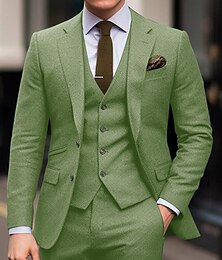 baratos -Ternos de tweed de casamento masculinos verdes, cor sólida, 3 peças, retrô, vintage, plus size, peito único, dois botões, 2024