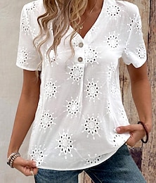 cheap -Women's Blouse Embroidered Button Daily Vacation Bohemia Daily Casual Short Sleeve V Neck White Summer